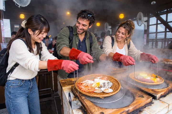 Visitors lifting baskets from steam cookers